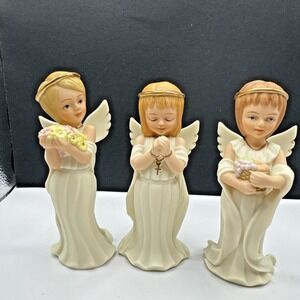 Vintage Porcelain Angel Figurines Set‎ of 3 Praying Holding Flowers Religious